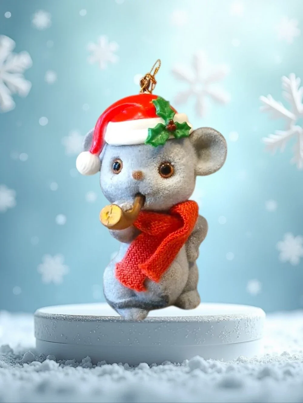 Vintage Flocked Mouse With Horn Christmas Red White Holly Scarf Santa Hat